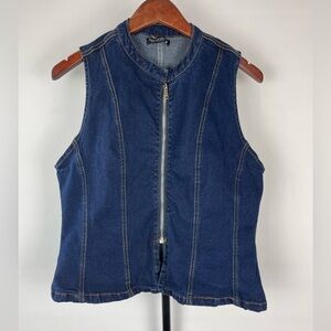 Emerson Lang Dark Blue Wash Stretch‎ Denim Y2K Moto Edgy Sleeveless Zip Vest
